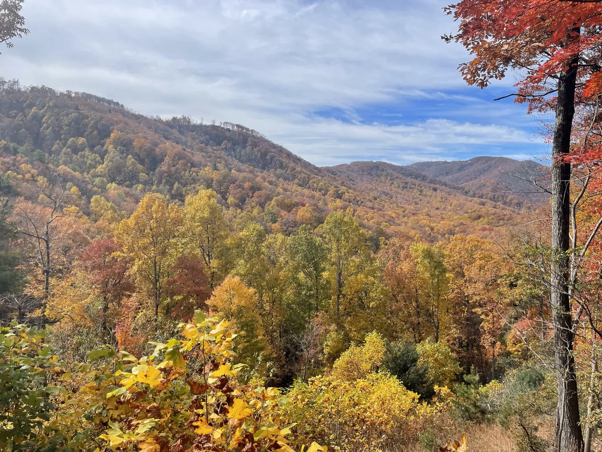 This image features vibrant autumn foliage covering rolling hills, with distant mountains under a clear sky. The scene captures sweeping natural beauty likely enjoyed by hikers and outdoor adventurers within Blue Ridge Mountain Club.